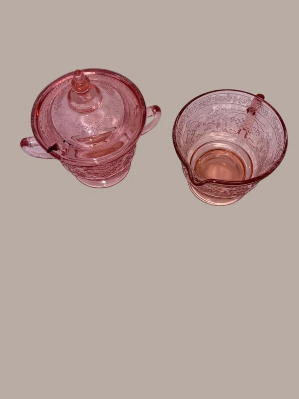 Federal Glass Sharon Cabbage Rose Pink Depression Glass Sugar Creamer Set c1930s